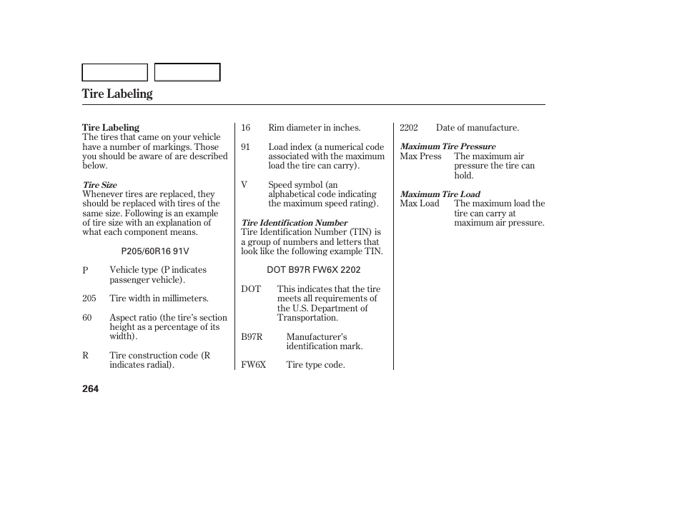 Tire labeling | HONDA 2005 Accord Hybrid - Owner's Manual User Manual | Page 265 / 286