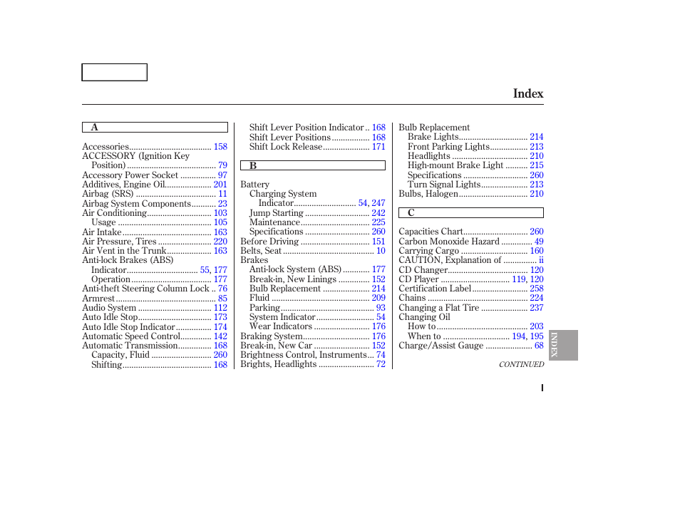Index | HONDA 2005 Accord Hybrid - Owner's Manual User Manual | Page 278 / 286