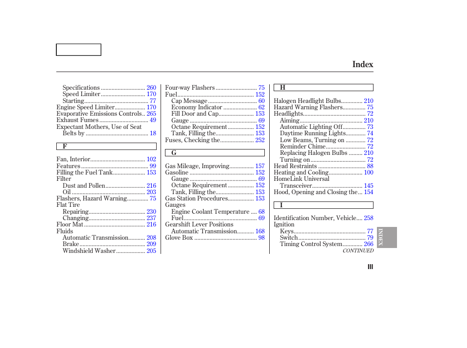 Index | HONDA 2005 Accord Hybrid - Owner's Manual User Manual | Page 280 / 286