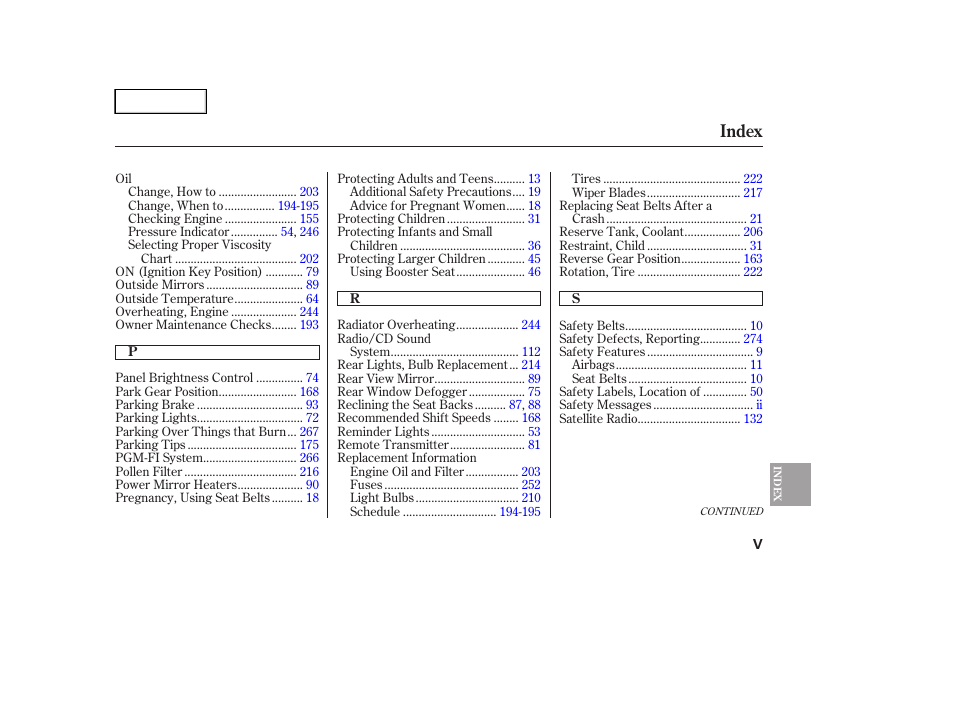 Index | HONDA 2005 Accord Hybrid - Owner's Manual User Manual | Page 282 / 286