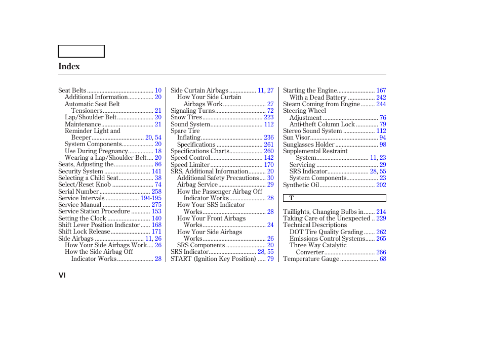 Index | HONDA 2005 Accord Hybrid - Owner's Manual User Manual | Page 283 / 286