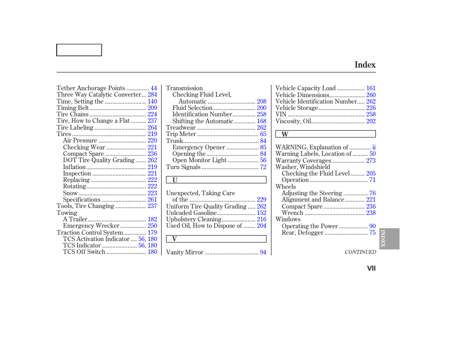 Index | HONDA 2005 Accord Hybrid - Owner's Manual User Manual | Page 284 / 286