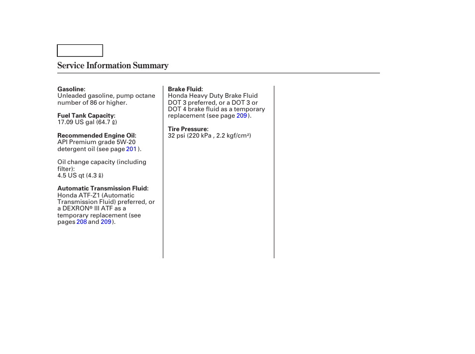 Service information summary | HONDA 2005 Accord Hybrid - Owner's Manual User Manual | Page 286 / 286