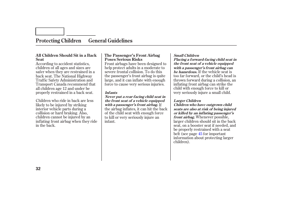 Protecting children general guidelines | HONDA 2005 Accord Hybrid - Owner's Manual User Manual | Page 33 / 286