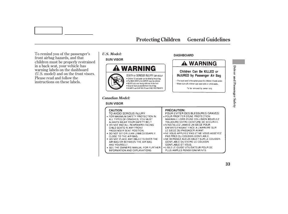 Protecting children general guidelines | HONDA 2005 Accord Hybrid - Owner's Manual User Manual | Page 34 / 286