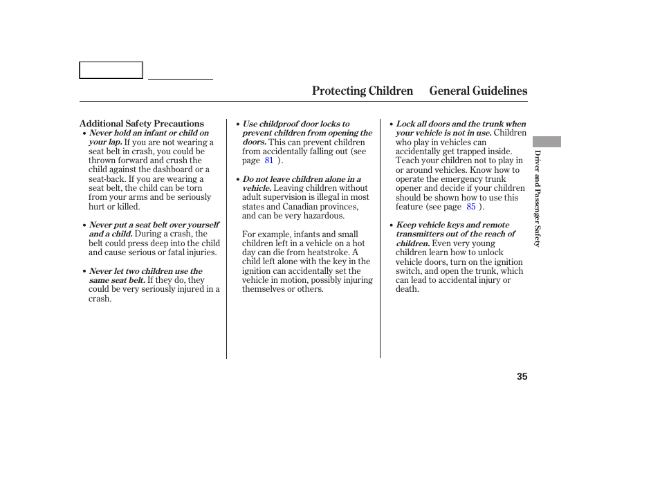 Protecting children general guidelines | HONDA 2005 Accord Hybrid - Owner's Manual User Manual | Page 36 / 286