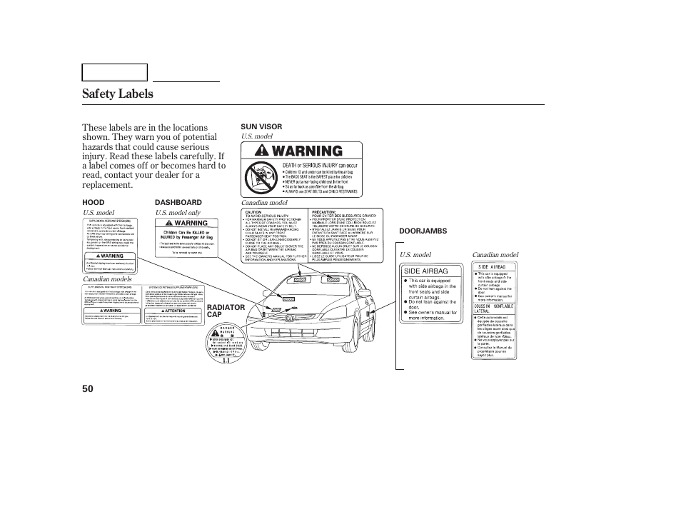 Safety labels | HONDA 2005 Accord Hybrid - Owner's Manual User Manual | Page 51 / 286