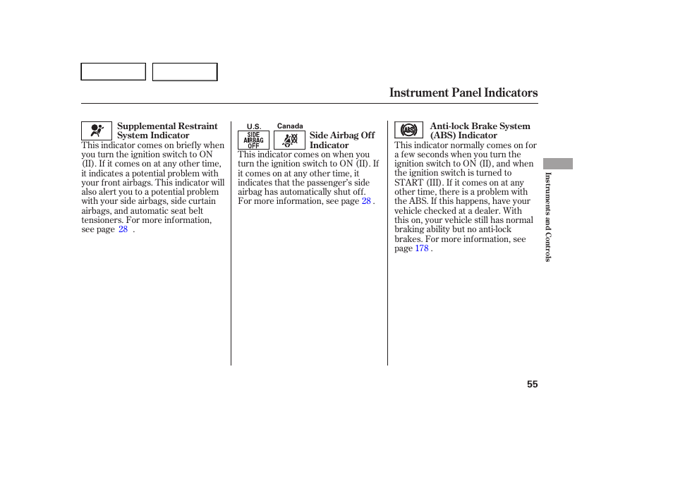 Instrument panel indicators | HONDA 2005 Accord Hybrid - Owner's Manual User Manual | Page 56 / 286