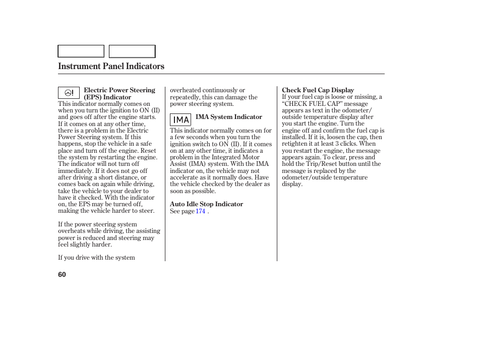 Instrument panel indicators | HONDA 2005 Accord Hybrid - Owner's Manual User Manual | Page 61 / 286