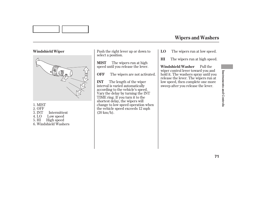 Wipers and washers | HONDA 2005 Accord Hybrid - Owner's Manual User Manual | Page 72 / 286