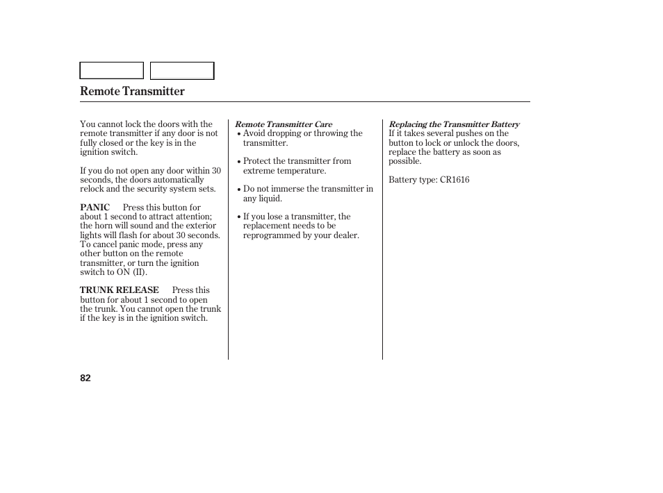 Remote transmitter | HONDA 2005 Accord Hybrid - Owner's Manual User Manual | Page 83 / 286