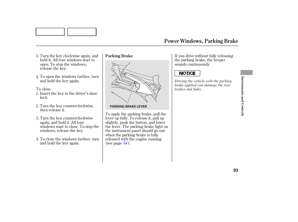 Power windows, parking brake | HONDA 2005 Accord Hybrid - Owner's Manual User Manual | Page 94 / 286