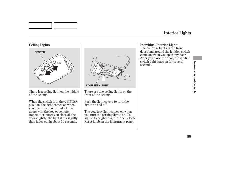 Interior lights | HONDA 2005 Accord Hybrid - Owner's Manual User Manual | Page 96 / 286