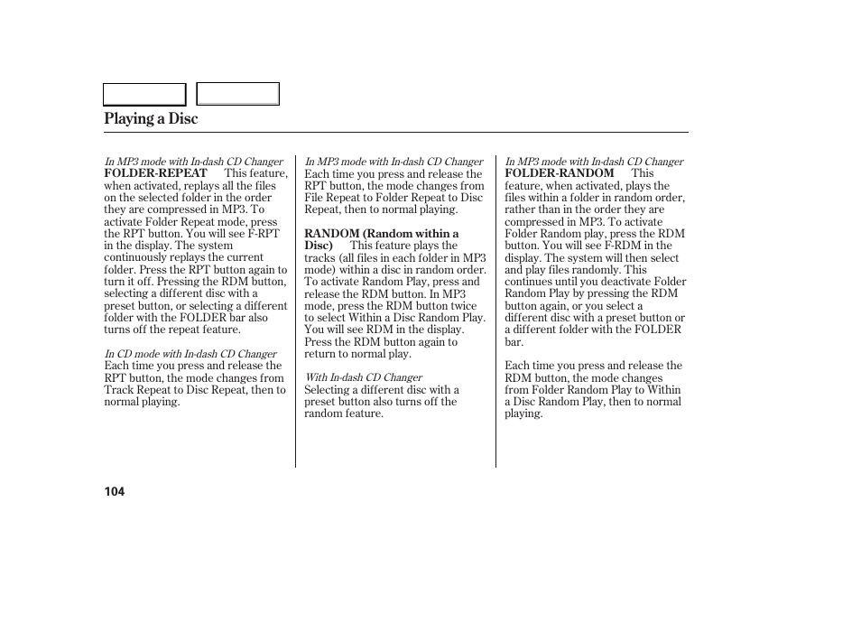 Playing a disc | HONDA 2005 Civic Sedan - Owner's Manual User Manual | Page 105 / 236