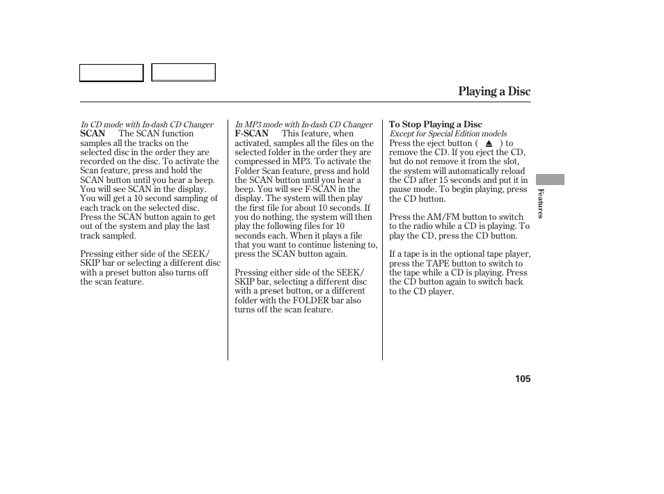 Playing a disc | HONDA 2005 Civic Sedan - Owner's Manual User Manual | Page 106 / 236