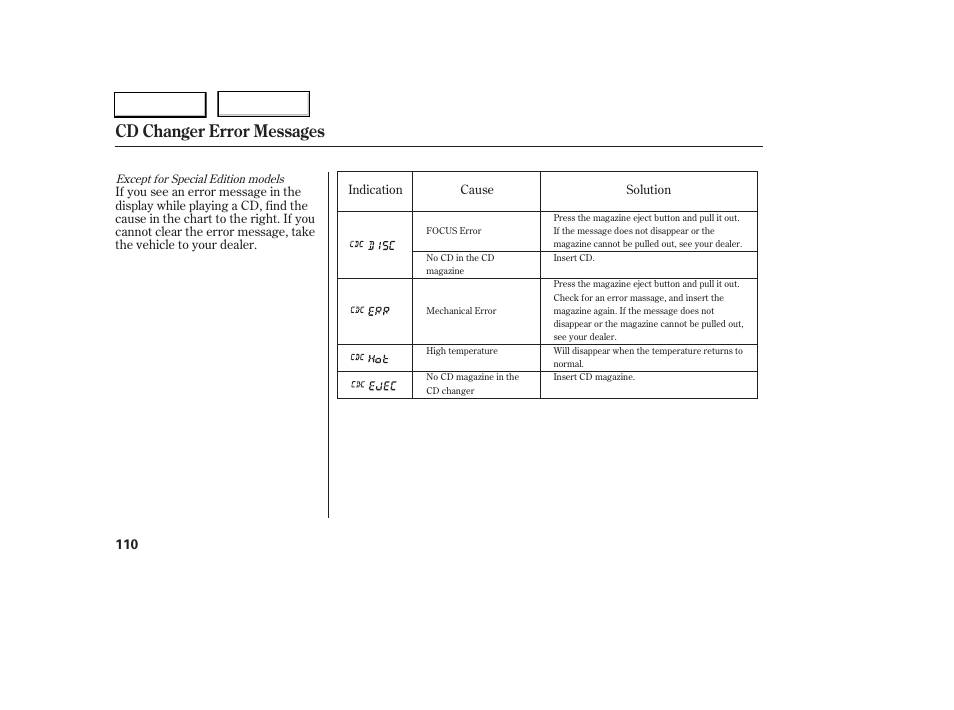 Cd changer error messages | HONDA 2005 Civic Sedan - Owner's Manual User Manual | Page 111 / 236