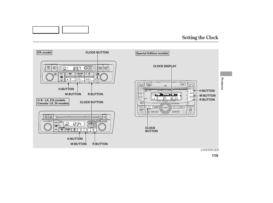 Setting the clock | HONDA 2005 Civic Sedan - Owner's Manual User Manual | Page 116 / 236