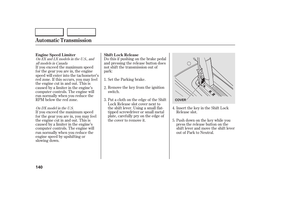 Automatic transmission | HONDA 2005 Civic Sedan - Owner's Manual User Manual | Page 141 / 236