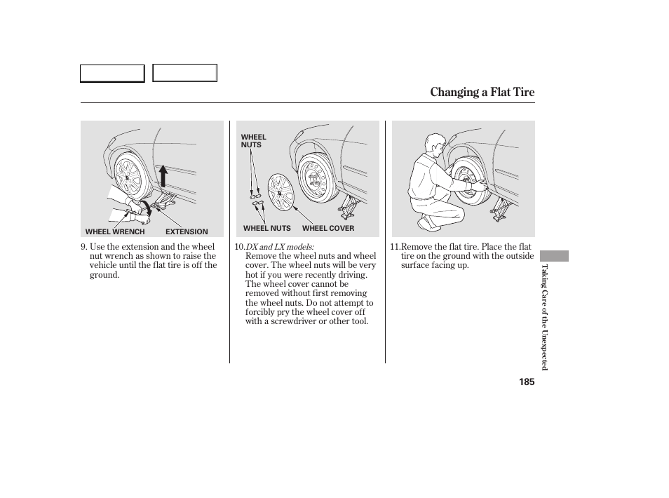 Changing a flat tire | HONDA 2005 Civic Sedan - Owner's Manual User Manual | Page 186 / 236