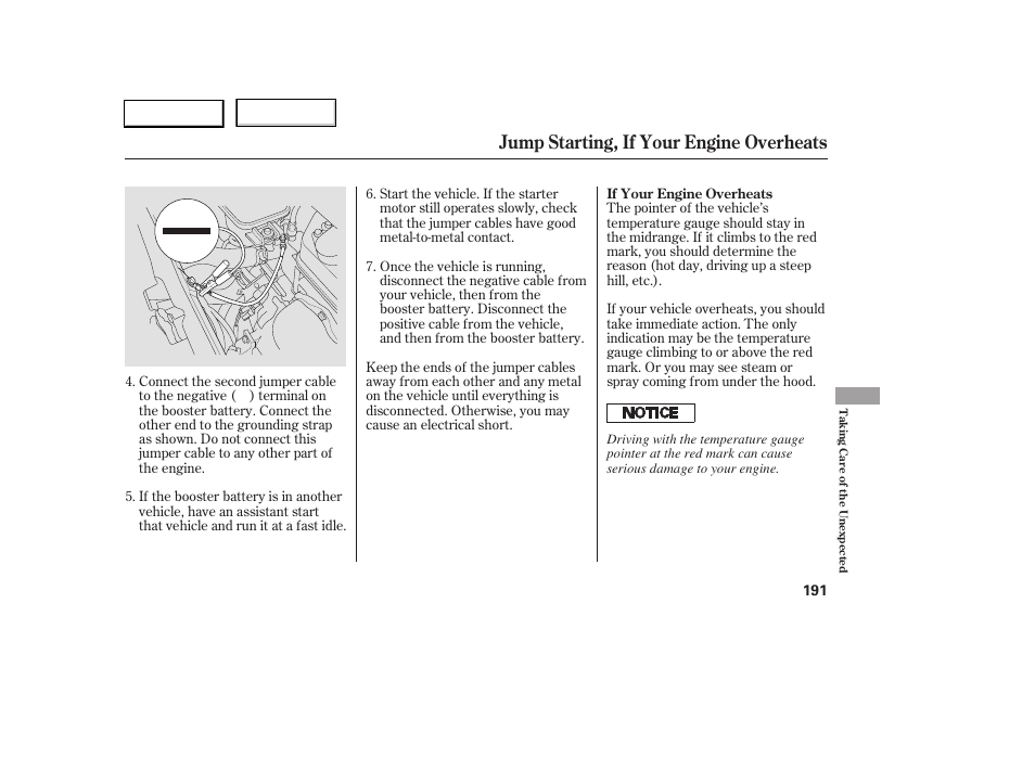 Jump starting, if your engine overheats | HONDA 2005 Civic Sedan - Owner's Manual User Manual | Page 192 / 236