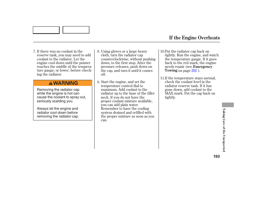 If the engine overheats | HONDA 2005 Civic Sedan - Owner's Manual User Manual | Page 194 / 236