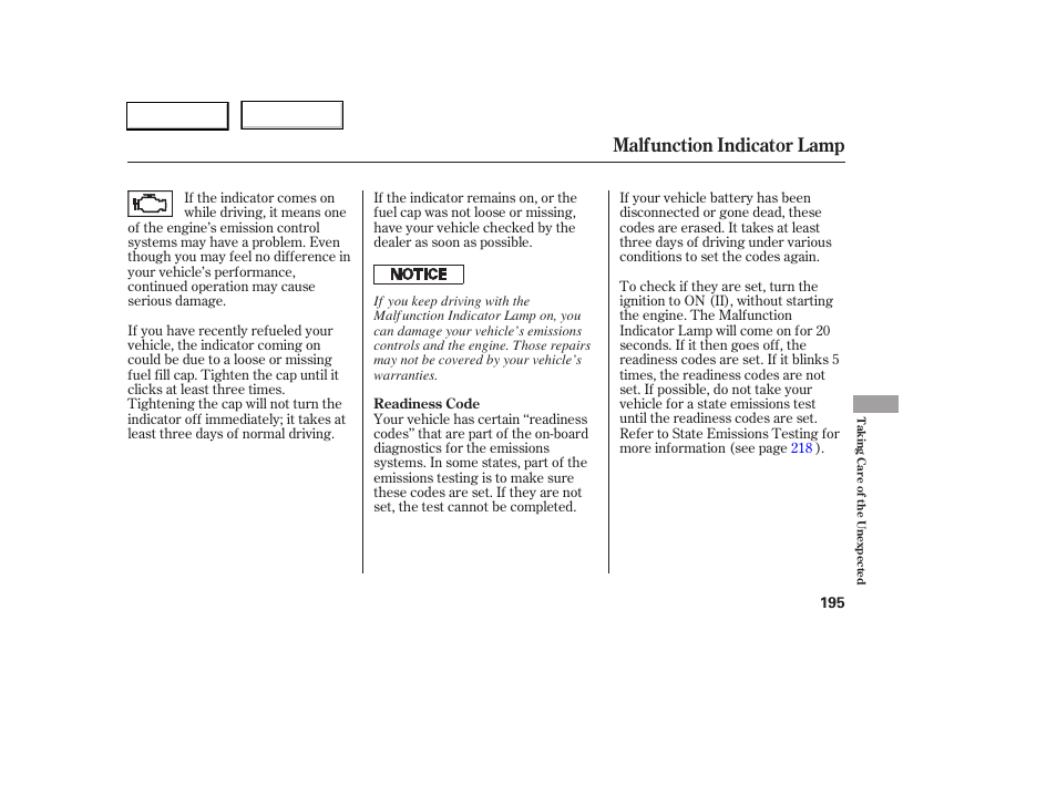 Malfunction indicator lamp | HONDA 2005 Civic Sedan - Owner's Manual User Manual | Page 196 / 236