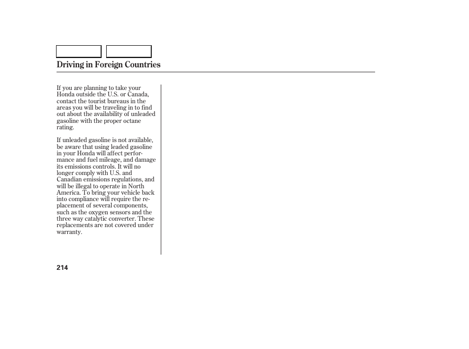 Driving in foreign countries | HONDA 2005 Civic Sedan - Owner's Manual User Manual | Page 215 / 236