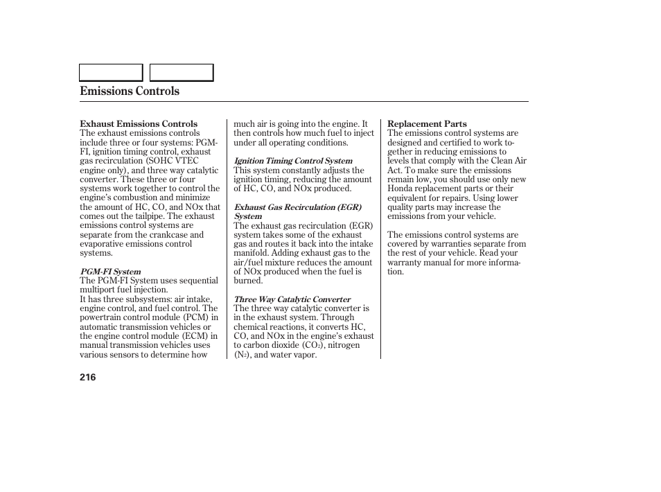 Emissions controls | HONDA 2005 Civic Sedan - Owner's Manual User Manual | Page 217 / 236