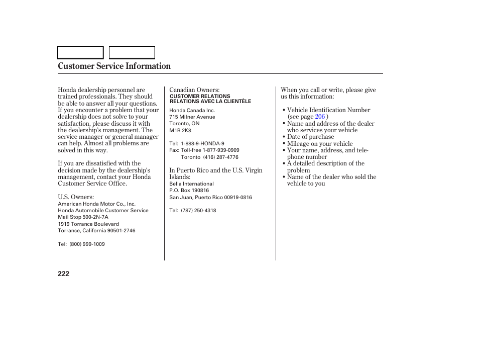 Customer service information | HONDA 2005 Civic Sedan - Owner's Manual User Manual | Page 223 / 236