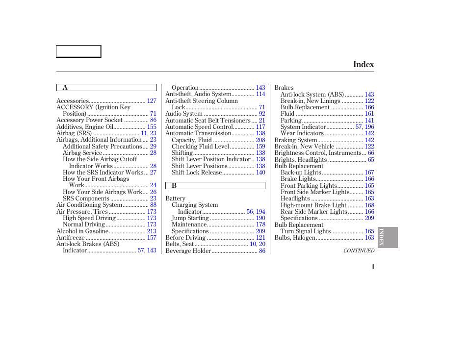 Index | HONDA 2005 Civic Sedan - Owner's Manual User Manual | Page 228 / 236