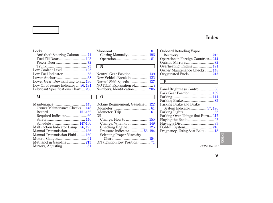 Index | HONDA 2005 Civic Sedan - Owner's Manual User Manual | Page 232 / 236