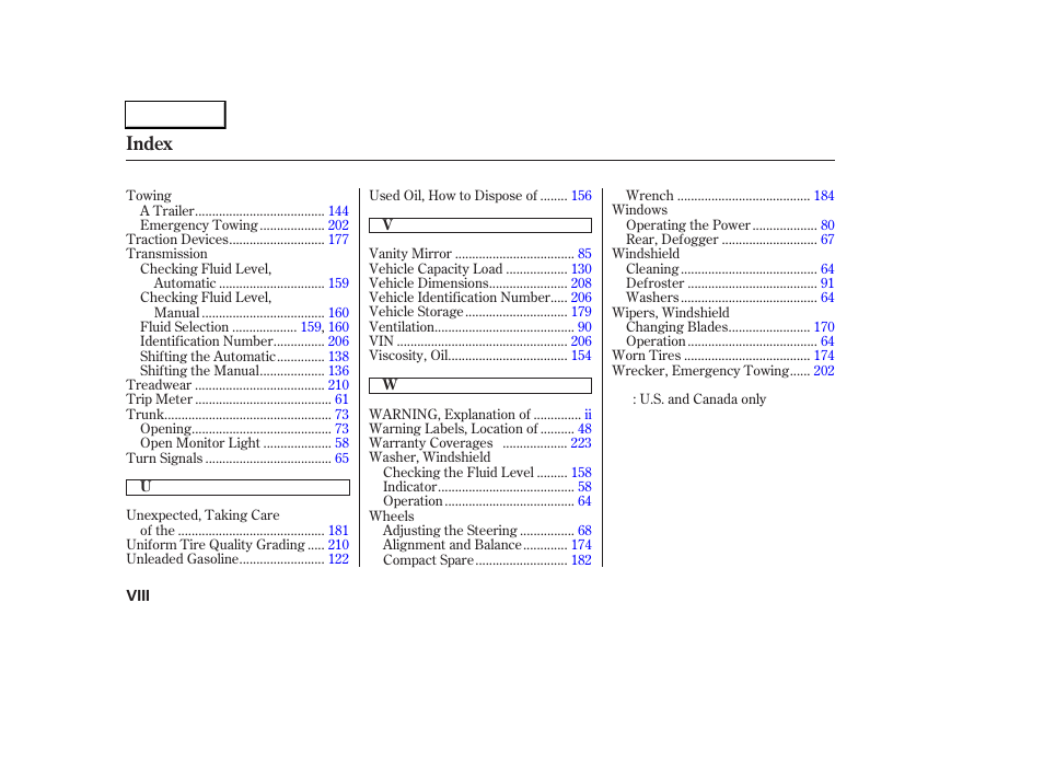 Index | HONDA 2005 Civic Sedan - Owner's Manual User Manual | Page 235 / 236