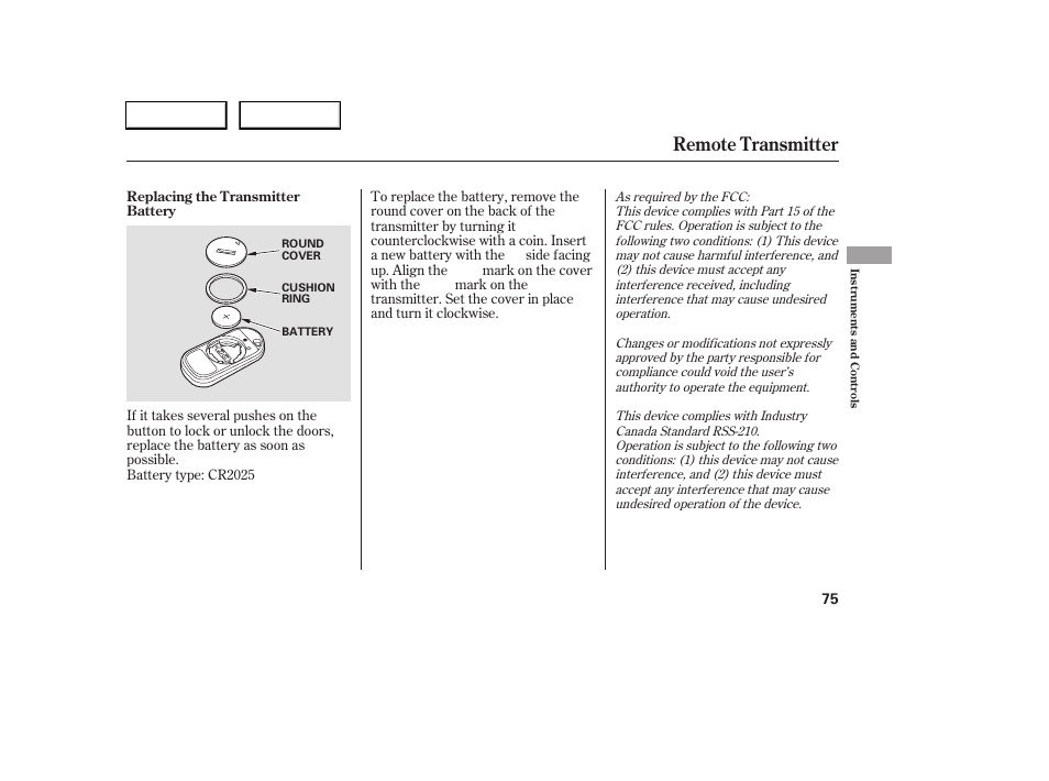 Remote transmitter | HONDA 2005 Civic Sedan - Owner's Manual User Manual | Page 76 / 236