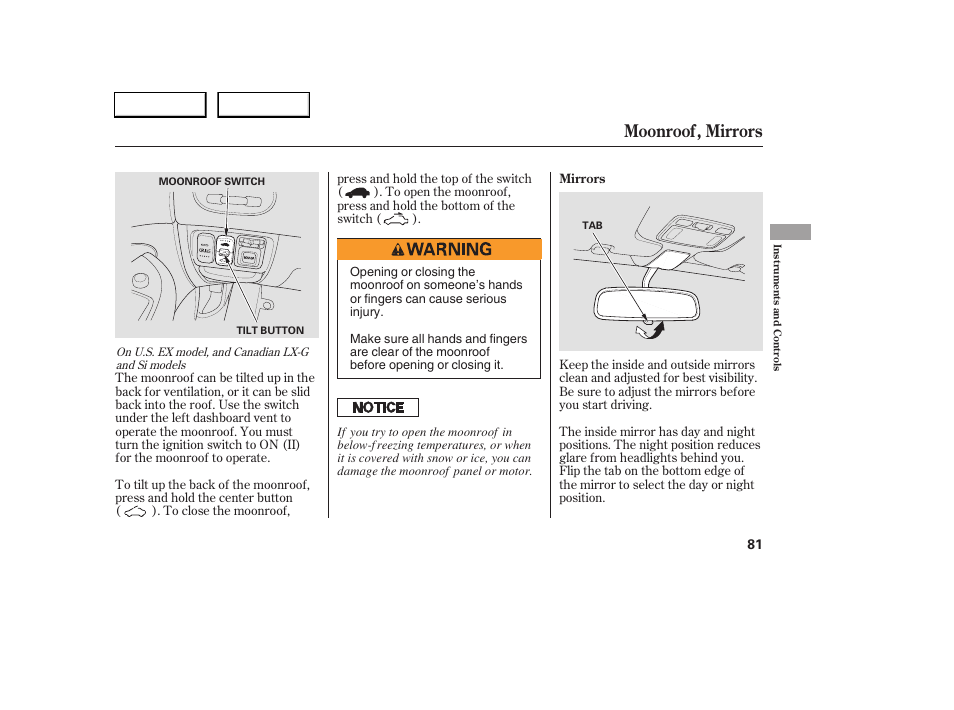 Moonroof, mirrors | HONDA 2005 Civic Sedan - Owner's Manual User Manual | Page 82 / 236