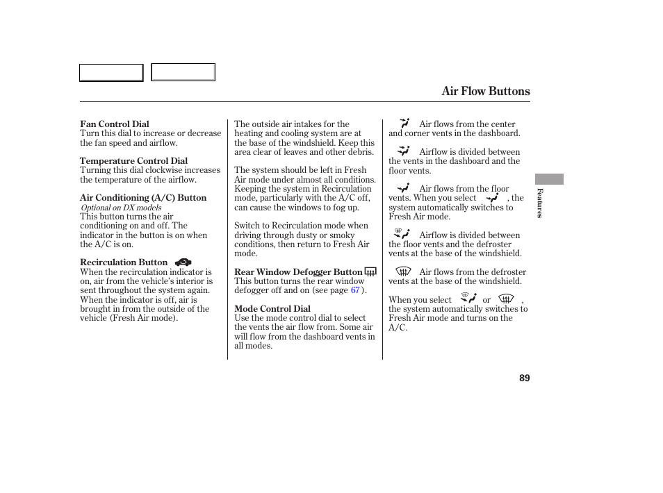 Air flow buttons | HONDA 2005 Civic Sedan - Owner's Manual User Manual | Page 90 / 236