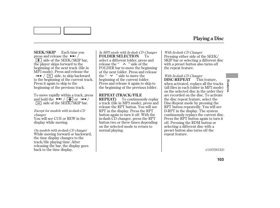 Playing a disc | HONDA 2005 Civic Coupe - Owner's Manual User Manual | Page 105 / 240