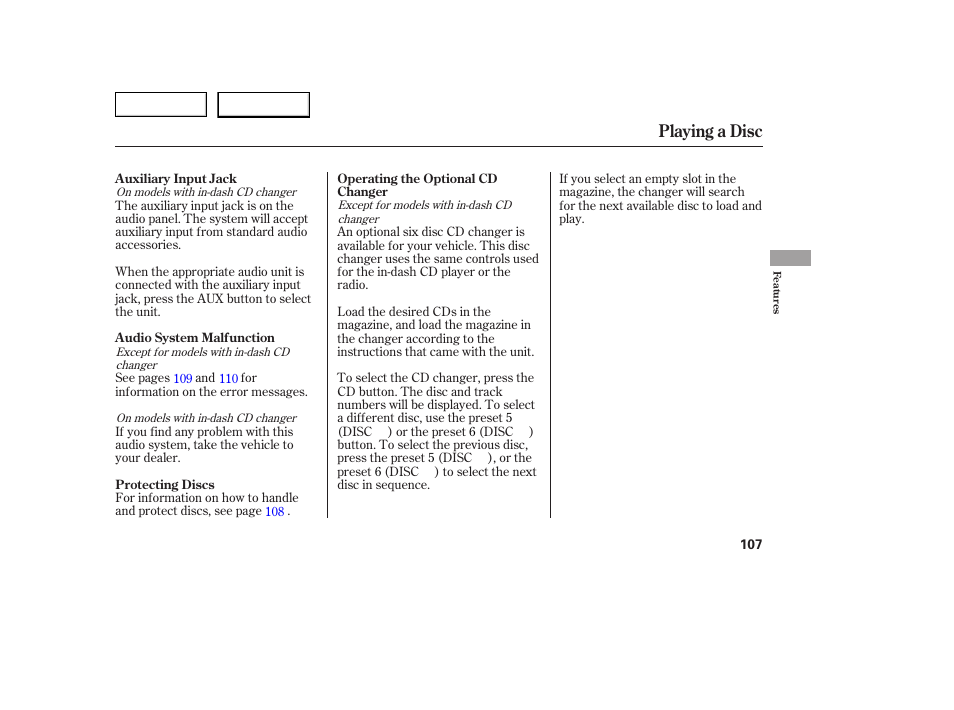 Playing a disc | HONDA 2005 Civic Coupe - Owner's Manual User Manual | Page 109 / 240