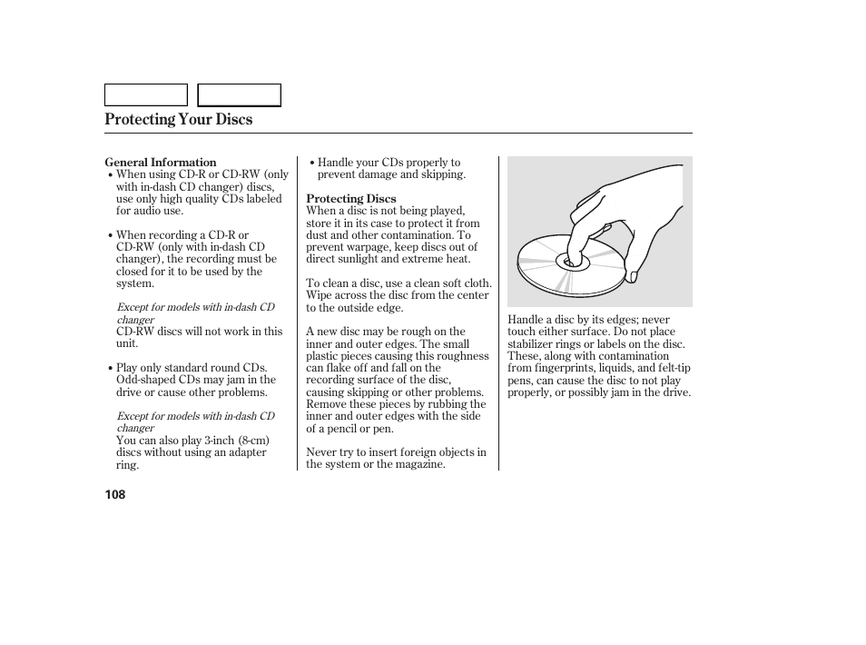 Protecting your discs | HONDA 2005 Civic Coupe - Owner's Manual User Manual | Page 110 / 240