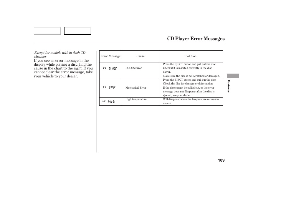 Cd player error messages | HONDA 2005 Civic Coupe - Owner's Manual User Manual | Page 111 / 240