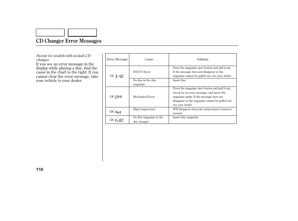 Cd changer error messages | HONDA 2005 Civic Coupe - Owner's Manual User Manual | Page 112 / 240