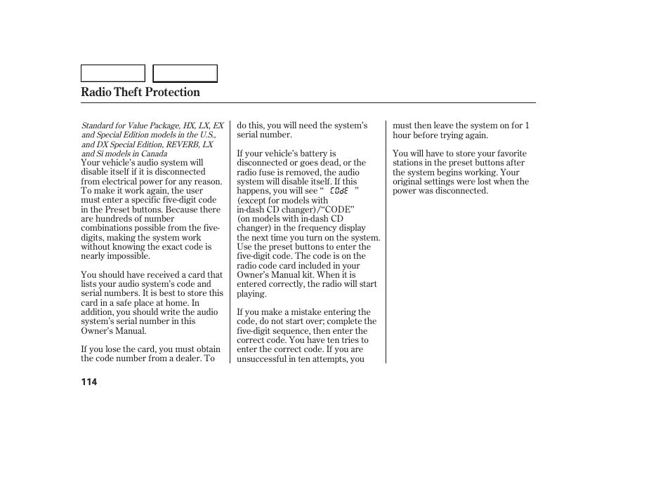 Radio theft protection | HONDA 2005 Civic Coupe - Owner's Manual User Manual | Page 116 / 240