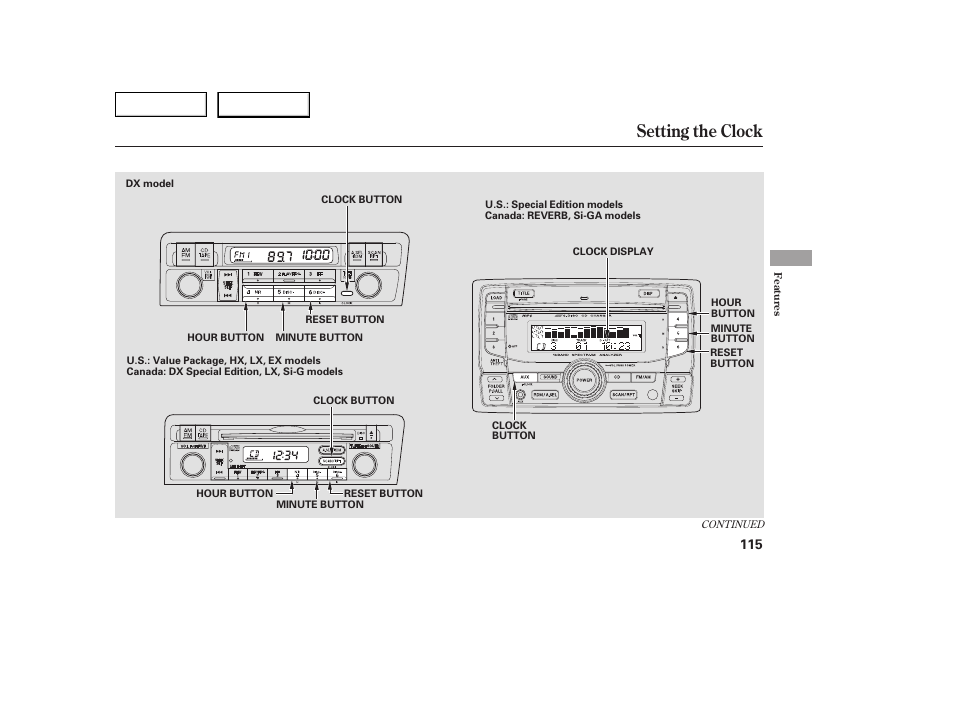 Setting the clock | HONDA 2005 Civic Coupe - Owner's Manual User Manual | Page 117 / 240