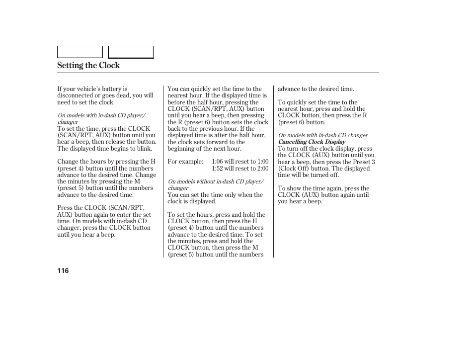 Setting the clock | HONDA 2005 Civic Coupe - Owner's Manual User Manual | Page 118 / 240