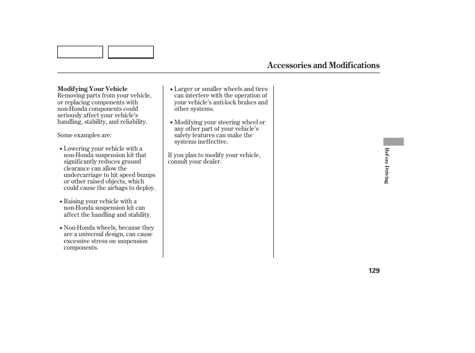 Accessories and modifications | HONDA 2005 Civic Coupe - Owner's Manual User Manual | Page 131 / 240