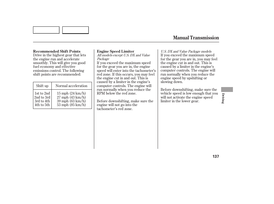 Manual transmission | HONDA 2005 Civic Coupe - Owner's Manual User Manual | Page 139 / 240