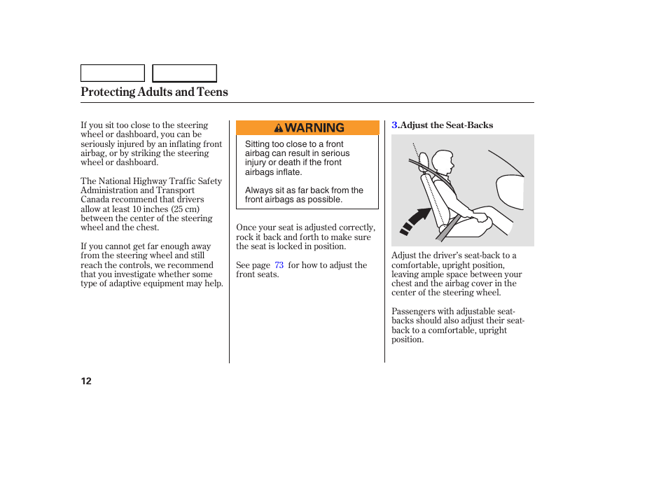 Protecting adults and teens | HONDA 2005 Civic Coupe - Owner's Manual User Manual | Page 14 / 240