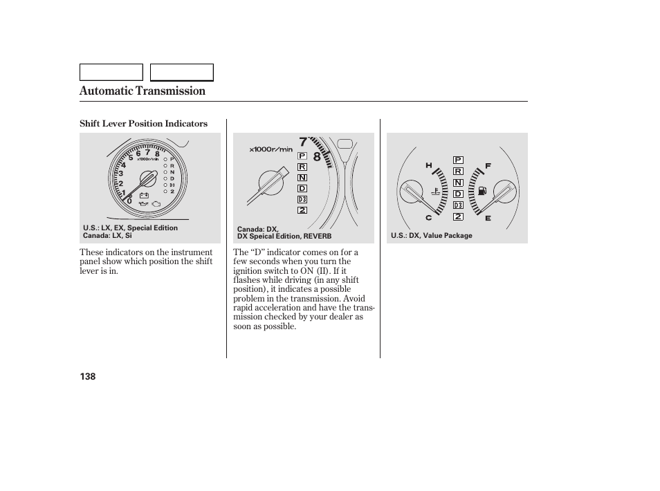 Automatic transmission | HONDA 2005 Civic Coupe - Owner's Manual User Manual | Page 140 / 240