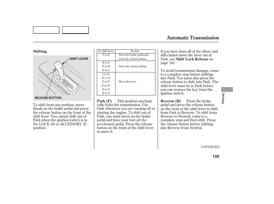 Automatic transmission | HONDA 2005 Civic Coupe - Owner's Manual User Manual | Page 141 / 240