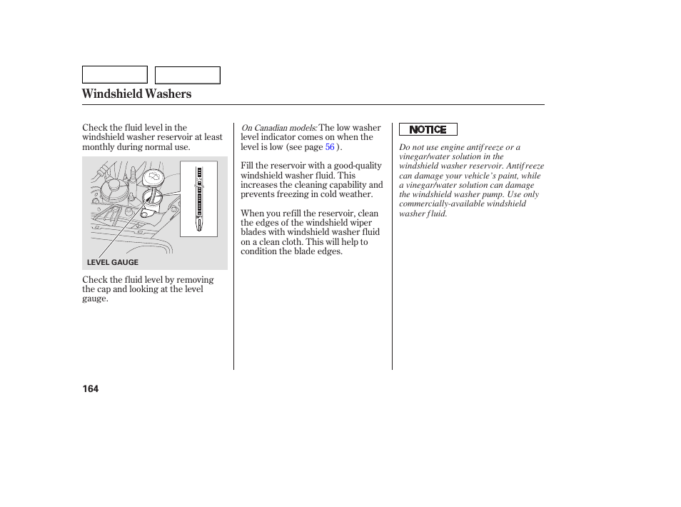 Windshield washers | HONDA 2005 Civic Coupe - Owner's Manual User Manual | Page 166 / 240