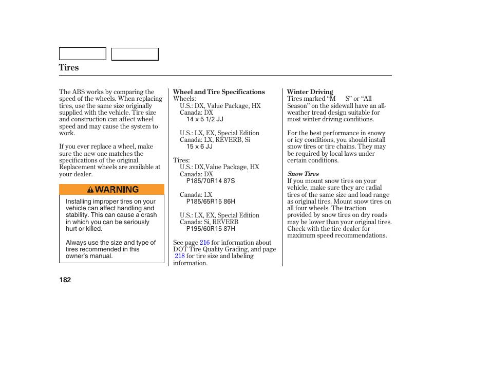 Tires | HONDA 2005 Civic Coupe - Owner's Manual User Manual | Page 184 / 240